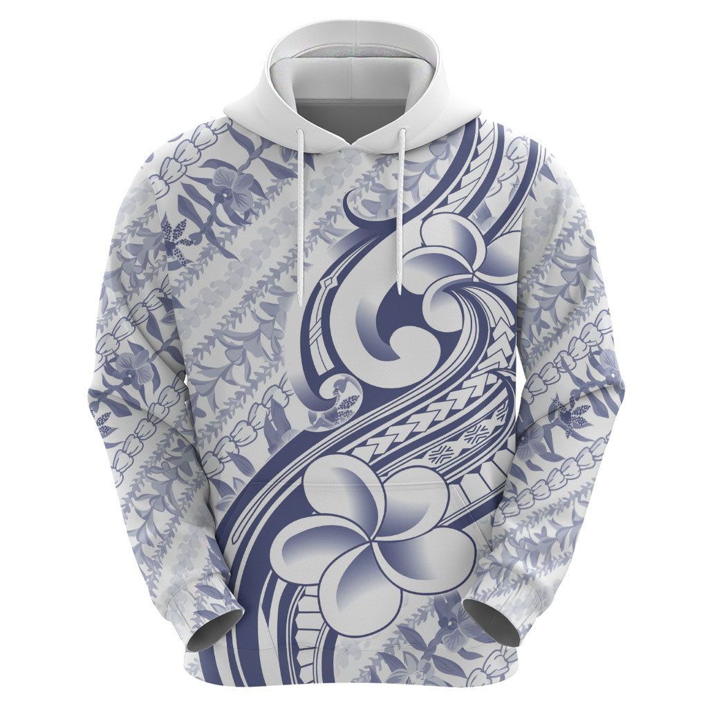 Hawaii Plumeria Lokelani Pikake Lei Hoodie Navy Blue Polynesian Tattoo