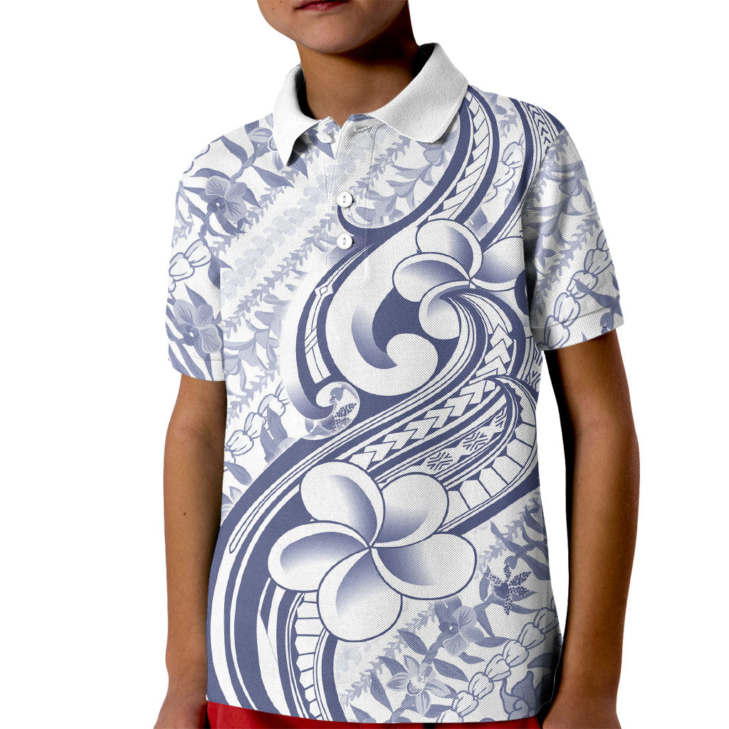 Hawaii Plumeria Lokelani Pikake Lei Kid Polo Shirt Navy Blue Polynesian Tattoo