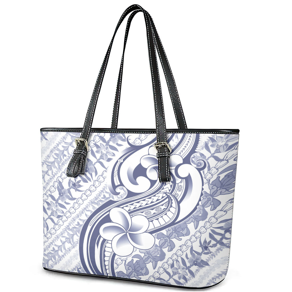 Hawaii Plumeria Lokelani Pikake Lei Leather Tote Bag Navy Blue Polynesian Tattoo