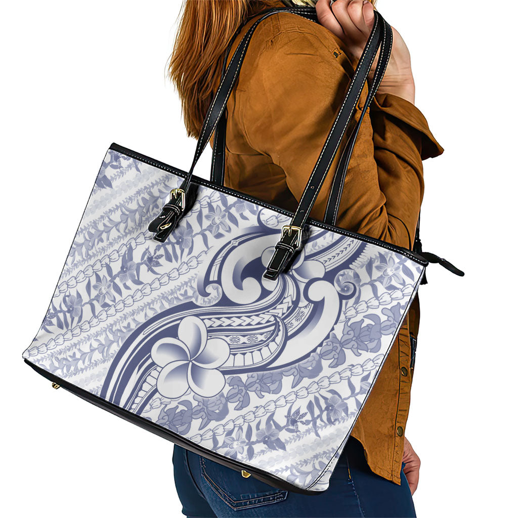 Hawaii Plumeria Lokelani Pikake Lei Leather Tote Bag Navy Blue Polynesian Tattoo