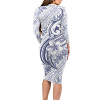 Hawaii Plumeria Lokelani Pikake Lei Long Sleeve Bodycon Dress Navy Blue Polynesian Tattoo