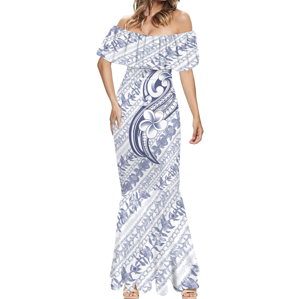 Hawaii Plumeria Lokelani Pikake Lei Mermaid Dress Navy Blue Polynesian Tattoo
