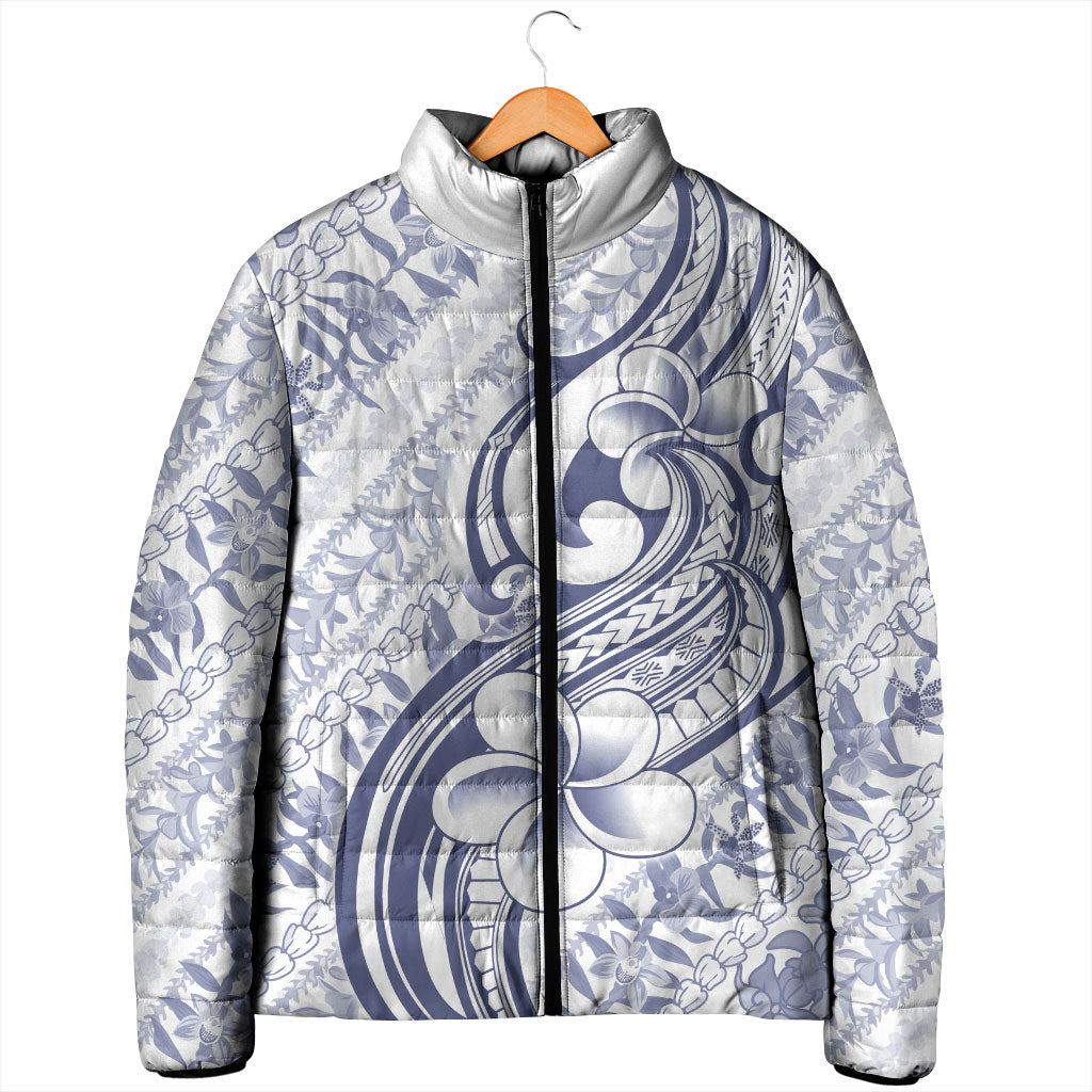 Hawaii Plumeria Lokelani Pikake Lei Padded Jacket Navy Blue Polynesian Tattoo