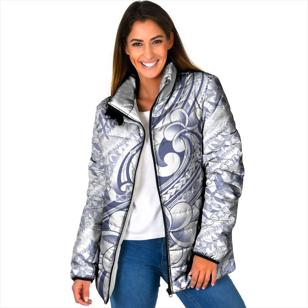 Hawaii Plumeria Lokelani Pikake Lei Padded Jacket Navy Blue Polynesian Tattoo