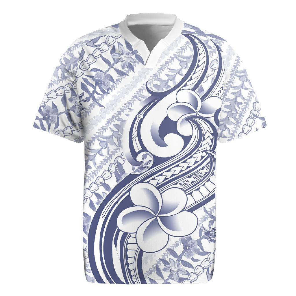 Hawaii Plumeria Lokelani Pikake Lei Rugby Jersey Navy Blue Polynesian Tattoo