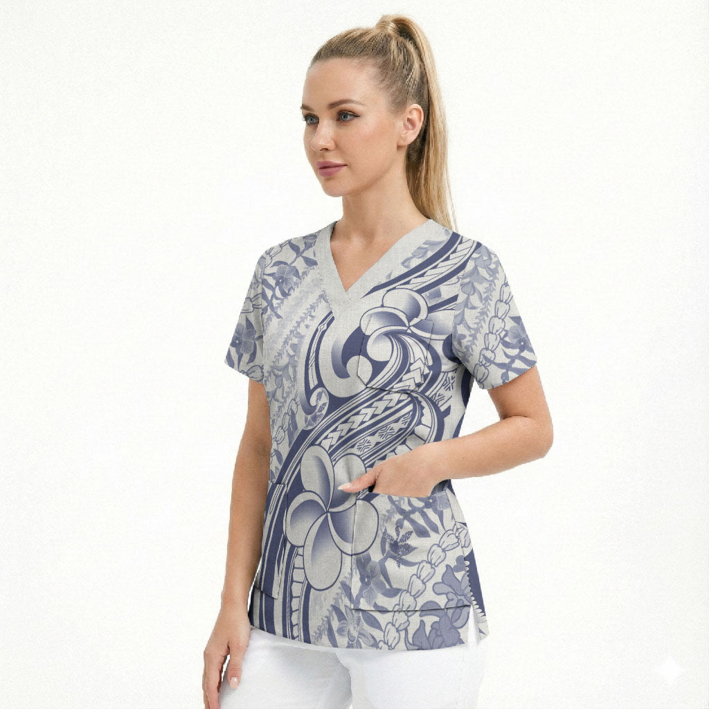 Hawaii Plumeria Lokelani Pikake Lei Scrub Top Navy Blue Polynesian Tattoo