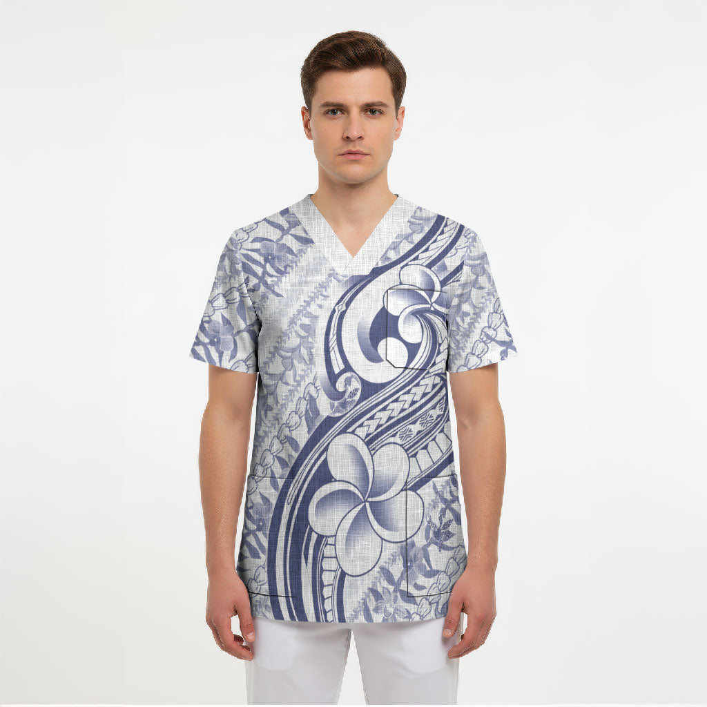 Hawaii Plumeria Lokelani Pikake Lei Scrub Top Navy Blue Polynesian Tattoo