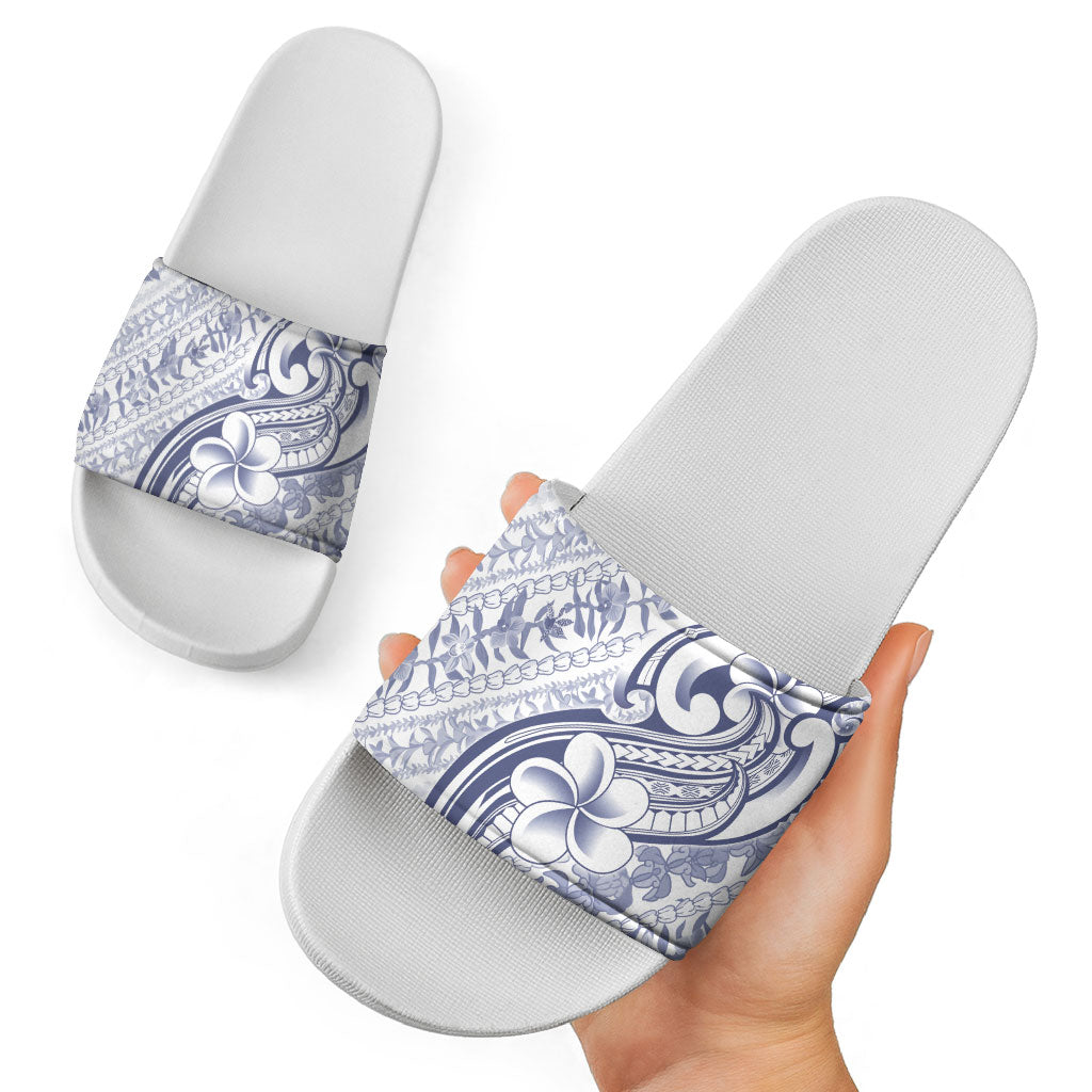 Hawaii Plumeria Lokelani Pikake Lei Slide Sandals Navy Blue Polynesian Tattoo