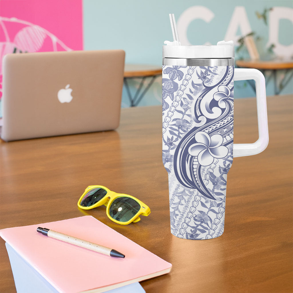 Hawaii Plumeria Lokelani Pikake Lei Tumbler With Handle Navy Blue Polynesian Tattoo