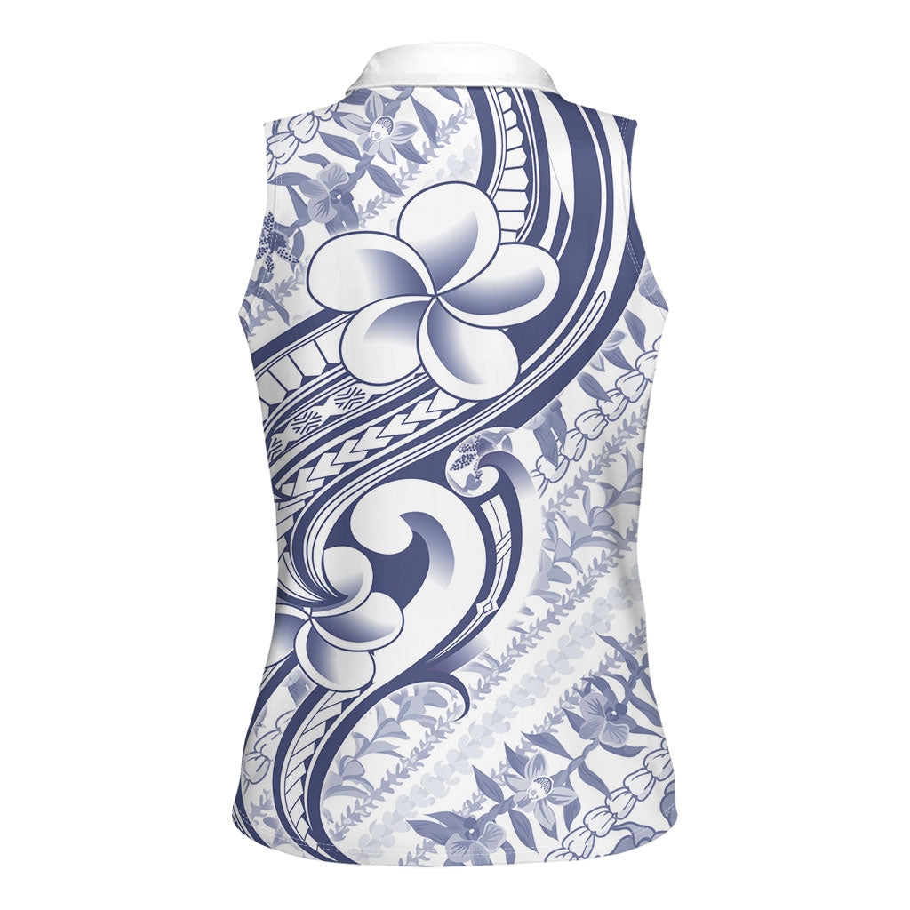 Hawaii Plumeria Lokelani Pikake Lei Women Sleeveless Polo Shirt Navy Blue Polynesian Tattoo