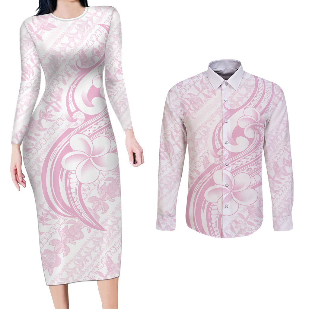 Hawaii Plumeria Lokelani Pikake Lei Couples Matching Long Sleeve Bodycon Dress and Long Sleeve Button Shirt Poni Mama Polynesian Tattoo LT9 Pink - Polynesian Pride