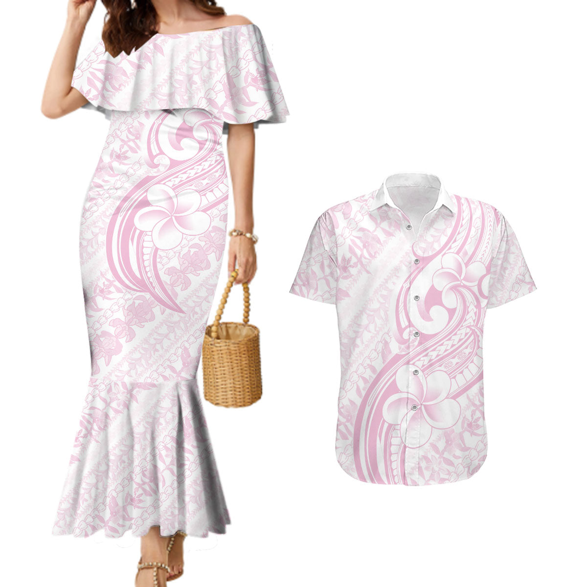 Hawaii Plumeria Lokelani Pikake Lei Couples Matching Mermaid Dress and Hawaiian Shirt Poni Mama Polynesian Tattoo LT9 Pink - Polynesian Pride