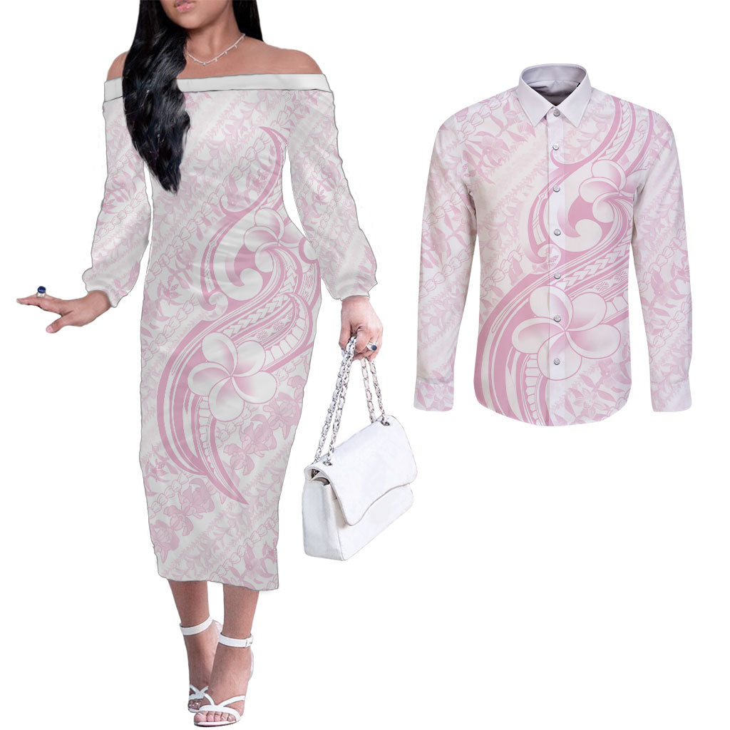 Hawaii Plumeria Lokelani Pikake Lei Couples Matching Off The Shoulder Long Sleeve Dress and Long Sleeve Button Shirt Poni Mama Polynesian Tattoo