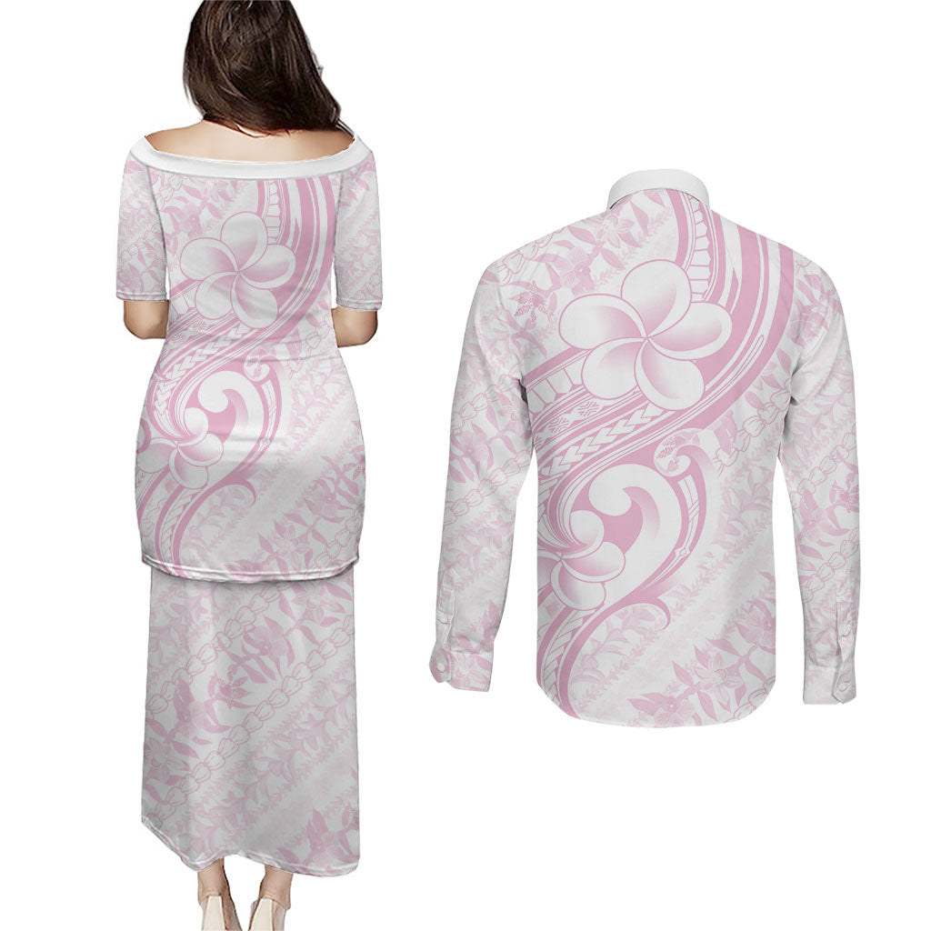 Hawaii Plumeria Lokelani Pikake Lei Couples Matching Puletasi and Long Sleeve Button Shirt Poni Mama Polynesian Tattoo