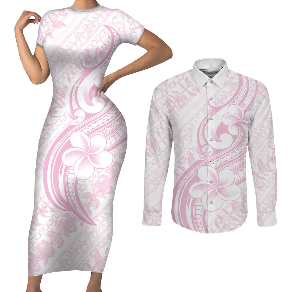 Hawaii Plumeria Lokelani Pikake Lei Couples Matching Short Sleeve Bodycon Dress and Long Sleeve Button Shirt Poni Mama Polynesian Tattoo
