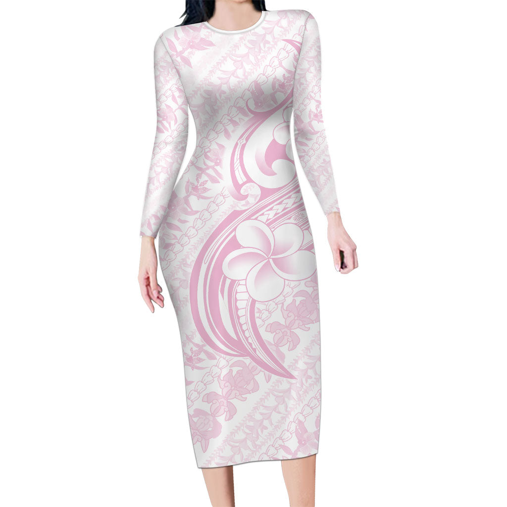 Hawaii Plumeria Lokelani Pikake Lei Family Matching Long Sleeve Bodycon Dress and Hawaiian Shirt Poni Mama Polynesian Tattoo LT9 Mom's Dress Pink - Polynesian Pride