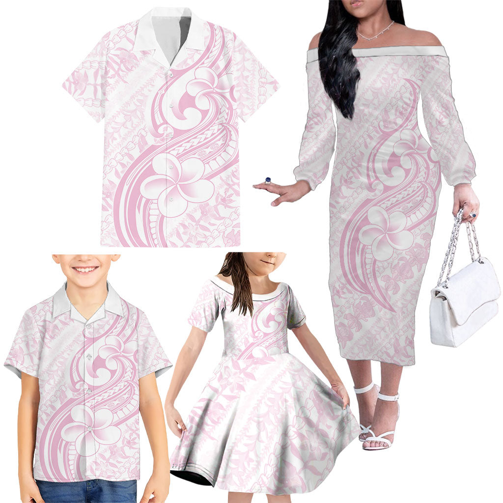 Hawaii Plumeria Lokelani Pikake Lei Family Matching Off The Shoulder Long Sleeve Dress and Hawaiian Shirt Poni Mama Polynesian Tattoo LT9 - Polynesian Pride