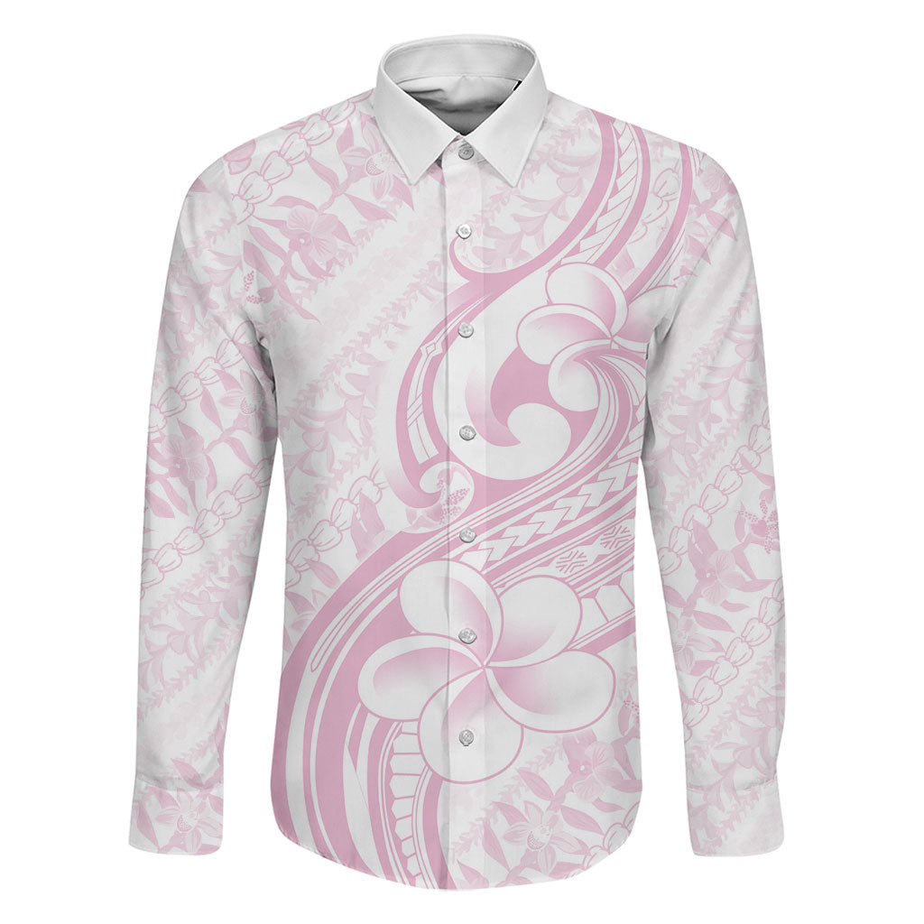 Hawaii Plumeria Lokelani Pikake Lei Family Matching Off Shoulder Maxi Dress and Hawaiian Shirt Poni Mama Polynesian Tattoo LT9 Dad's Shirt - Long Sleeve Pink - Polynesian Pride