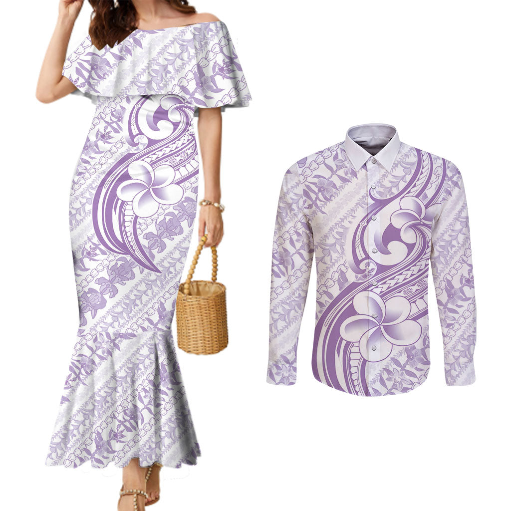 Hawaii Plumeria Lokelani Pikake Lei Couples Matching Mermaid Dress and Long Sleeve Button Shirt Poni Polynesian Tattoo