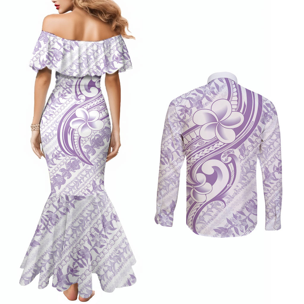Hawaii Plumeria Lokelani Pikake Lei Couples Matching Mermaid Dress and Long Sleeve Button Shirt Poni Polynesian Tattoo LT9 - Polynesian Pride