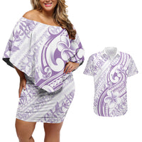 Hawaii Plumeria Lokelani Pikake Lei Couples Matching Off Shoulder Short Dress and Hawaiian Shirt Poni Polynesian Tattoo LT9 Purple - Polynesian Pride