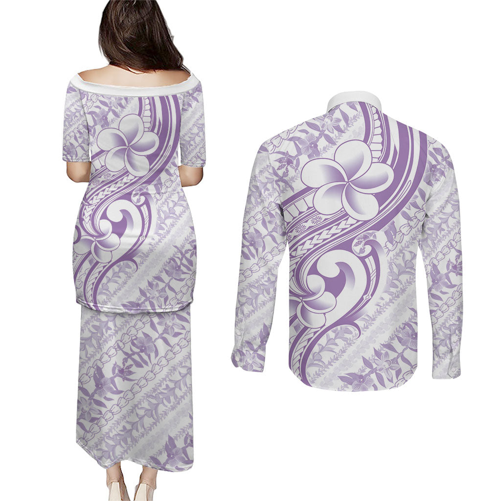 Hawaii Plumeria Lokelani Pikake Lei Couples Matching Puletasi and Long Sleeve Button Shirt Poni Polynesian Tattoo