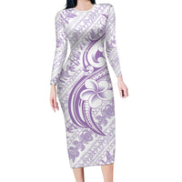 Hawaii Plumeria Lokelani Pikake Lei Family Matching Long Sleeve Bodycon Dress and Hawaiian Shirt Poni Polynesian Tattoo LT9 Mom's Dress Purple - Polynesian Pride