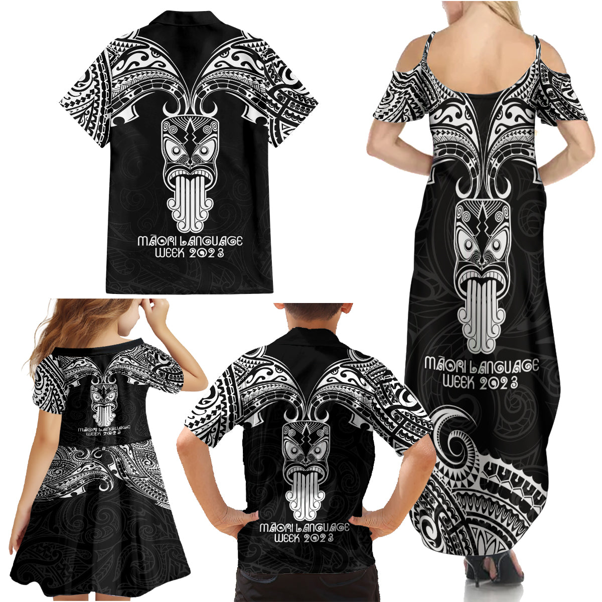 New Zealand Te Reo Maori Family Matching Summer Maxi Dress and Hawaiian Shirt Kia Kaha Maori Language Week Black Style LT9 - Polynesian Pride