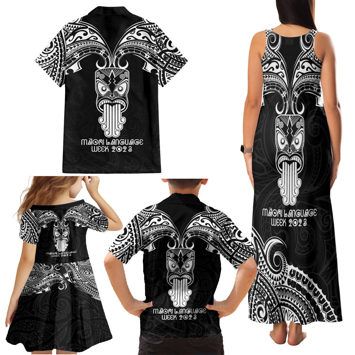 New Zealand Te Reo Maori Family Matching Tank Maxi Dress and Hawaiian Shirt Kia Kaha Maori Language Week Black Style LT9 - Polynesian Pride
