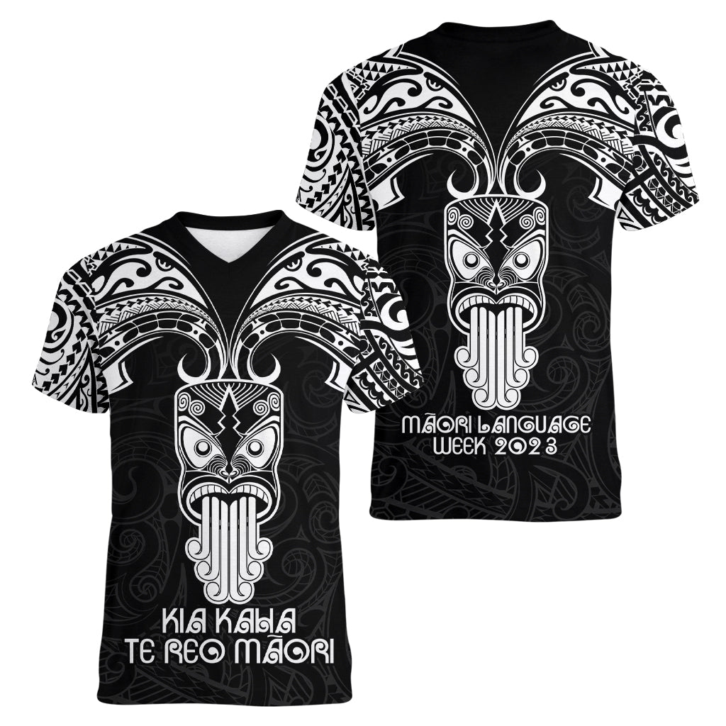 New Zealand Te Reo Maori Women V Neck T Shirt Kia Kaha Maori Language Week Black Style LT9 - Polynesian Pride