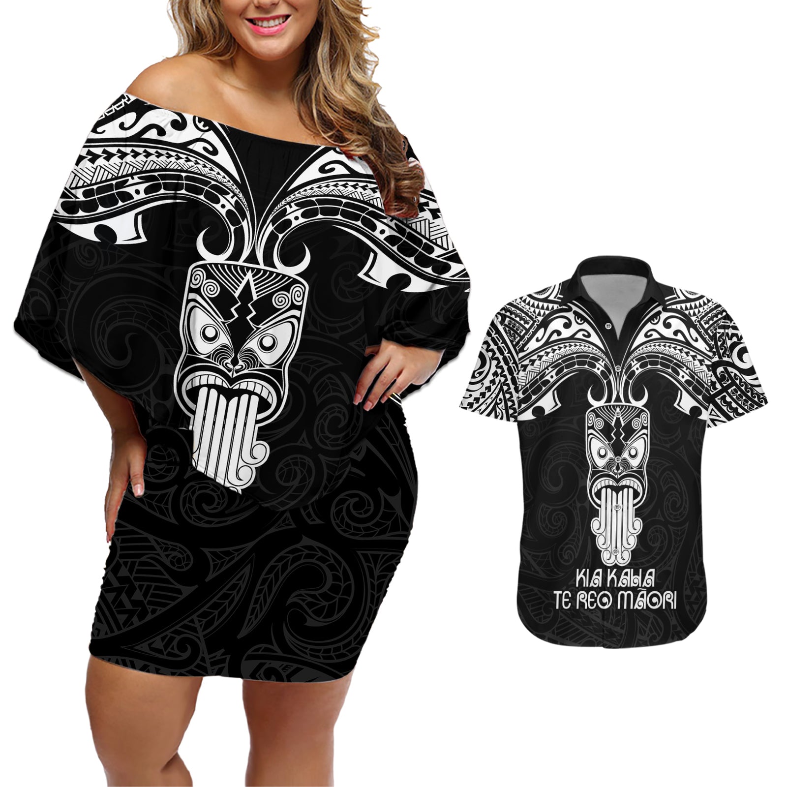 Personalised New Zealand Te Reo Maori Couples Matching Off Shoulder Short Dress and Hawaiian Shirt Kia Kaha Maori Language Week Black Style LT9 Black - Polynesian Pride