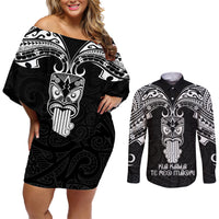 Personalised New Zealand Te Reo Maori Couples Matching Off Shoulder Short Dress and Long Sleeve Button Shirts Kia Kaha Maori Language Week Black Style LT9 Black - Polynesian Pride