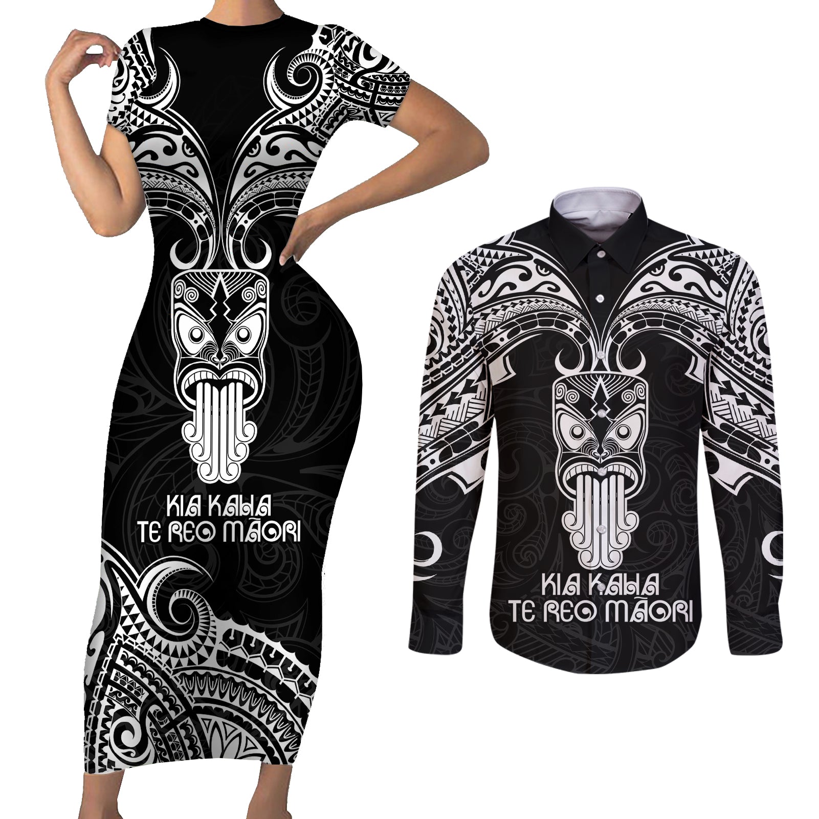 Personalised New Zealand Te Reo Maori Couples Matching Short Sleeve Bodycon Dress and Long Sleeve Button Shirts Kia Kaha Maori Language Week Black Style LT9 Black - Polynesian Pride