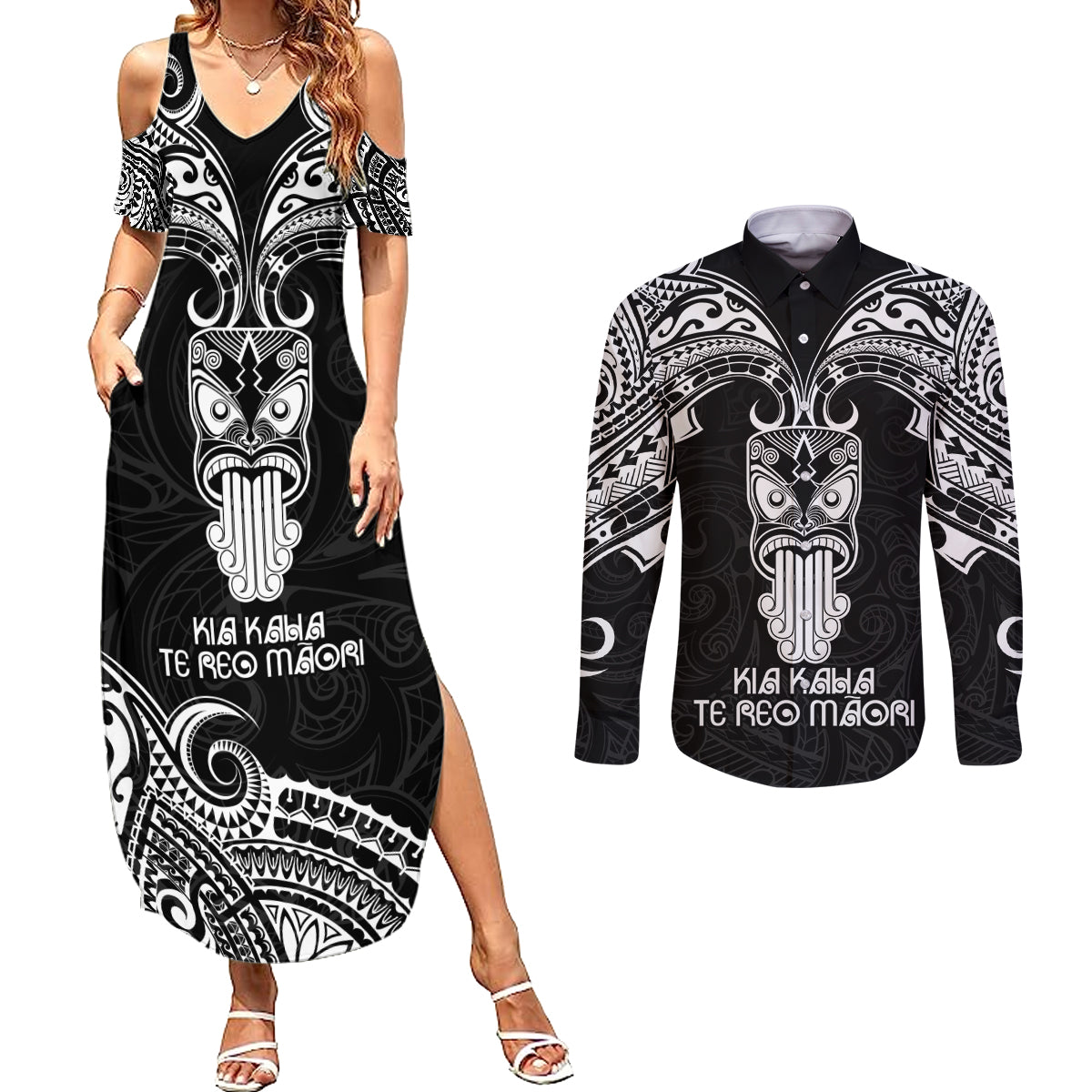 Personalised New Zealand Te Reo Maori Couples Matching Summer Maxi Dress and Long Sleeve Button Shirts Kia Kaha Maori Language Week Black Style LT9 Black - Polynesian Pride
