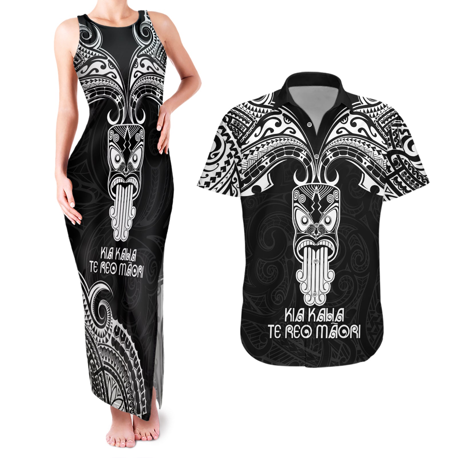 Personalised New Zealand Te Reo Maori Couples Matching Tank Maxi Dress and Hawaiian Shirt Kia Kaha Maori Language Week Black Style LT9 Black - Polynesian Pride