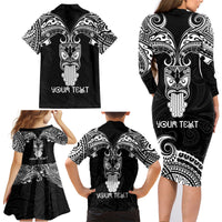 Personalised New Zealand Te Reo Maori Family Matching Long Sleeve Bodycon Dress and Hawaiian Shirt Kia Kaha Maori Language Week Black Style LT9 - Polynesian Pride