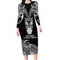 Personalised New Zealand Te Reo Maori Family Matching Long Sleeve Bodycon Dress and Hawaiian Shirt Kia Kaha Maori Language Week Black Style LT9 Mom's Dress Black - Polynesian Pride