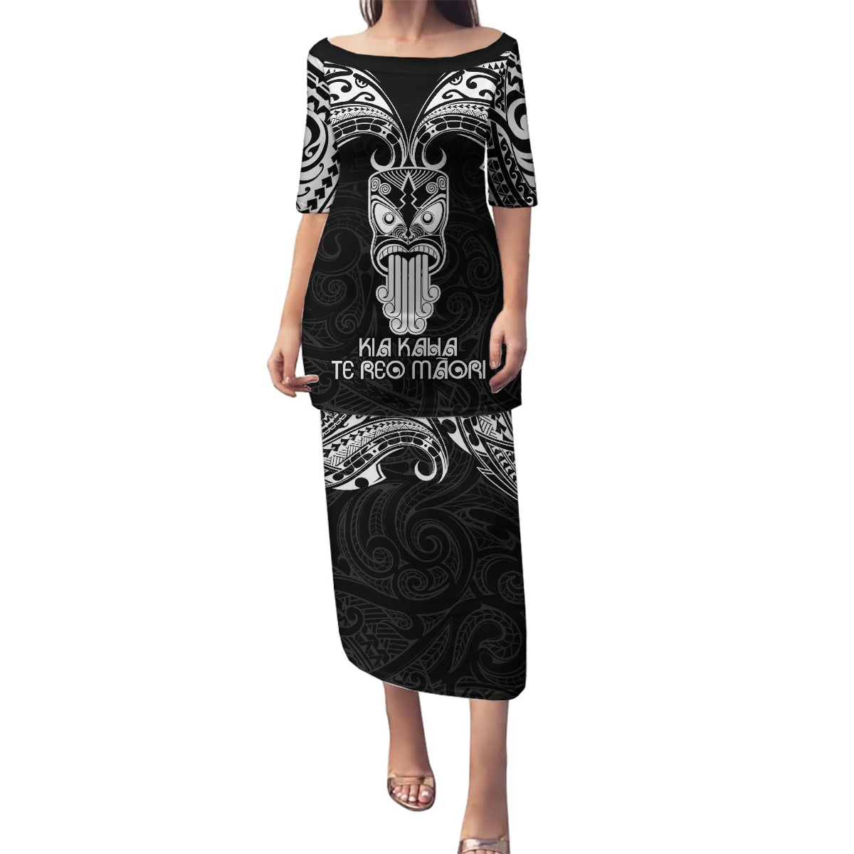 Personalised New Zealand Te Reo Maori Family Matching Puletasi Dress and Hawaiian Shirt Kia Kaha Maori Language Week Black Style LT9 Mom's Dress Black - Polynesian Pride