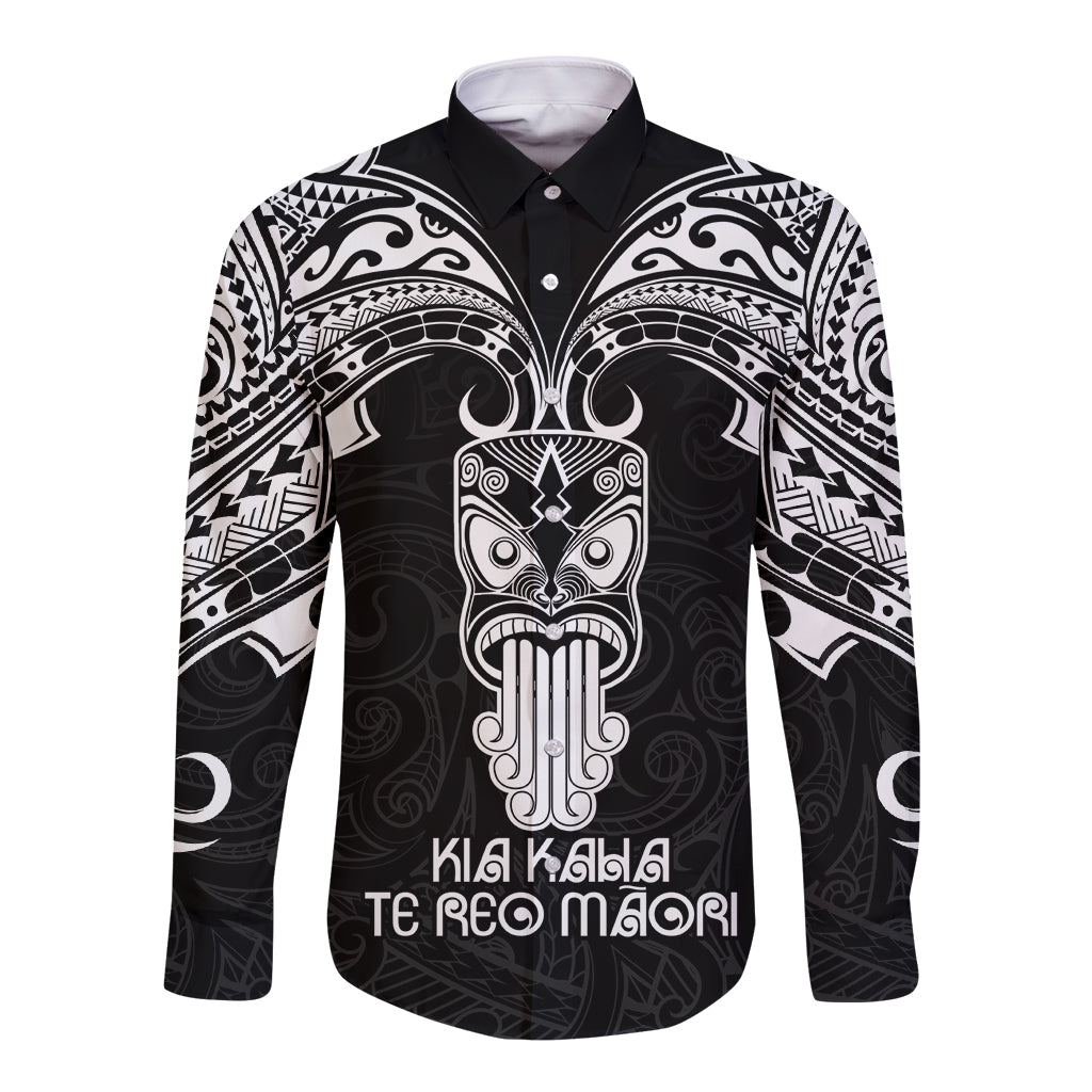Personalised New Zealand Te Reo Maori Long Sleeve Button Shirt Kia Kaha Maori Language Week Black Style LT9 Unisex Black - Polynesian Pride