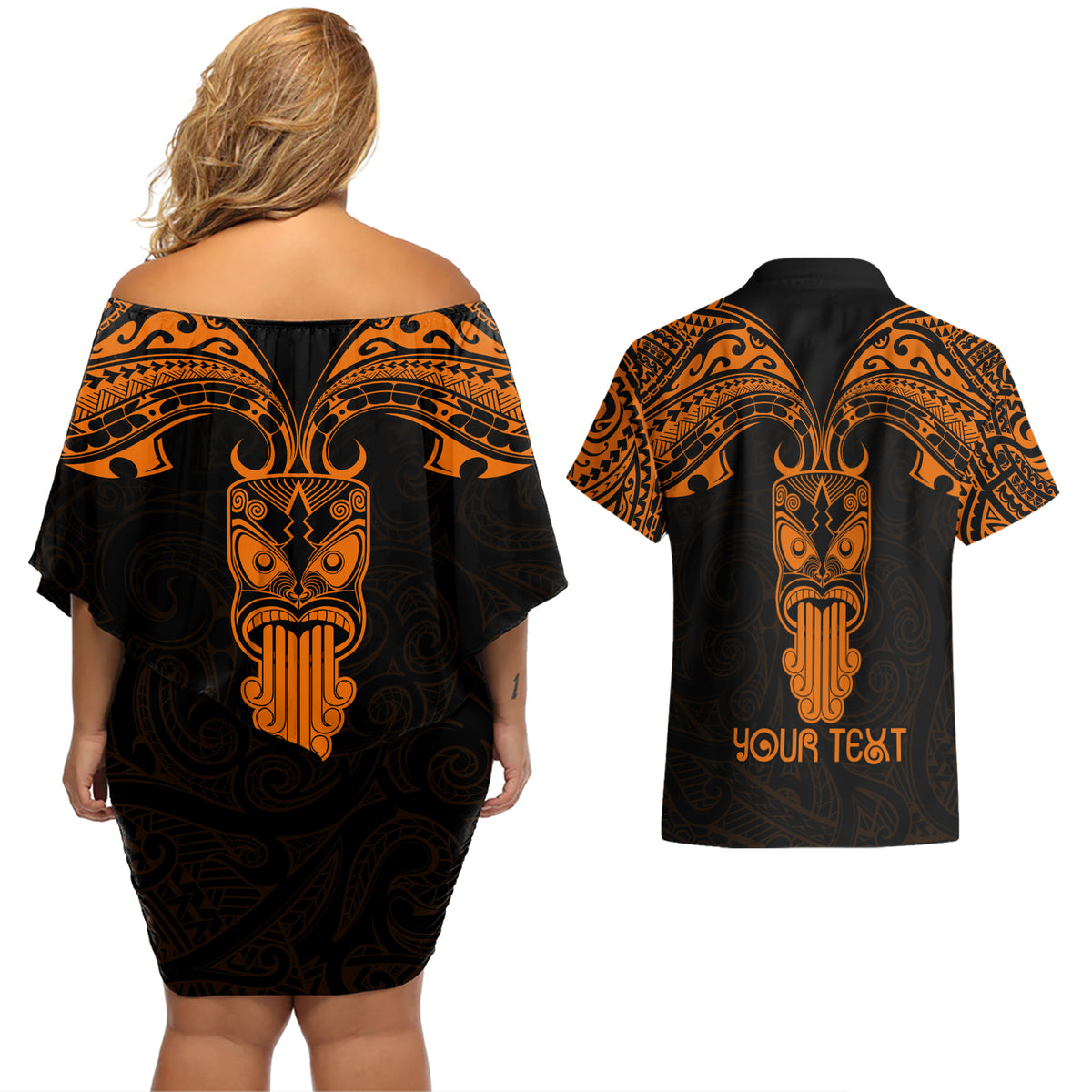 Personalised New Zealand Te Reo Maori Couples Matching Off Shoulder Short Dress and Hawaiian Shirt Kia Kaha Maori Language Week Gold Style LT9 - Polynesian Pride