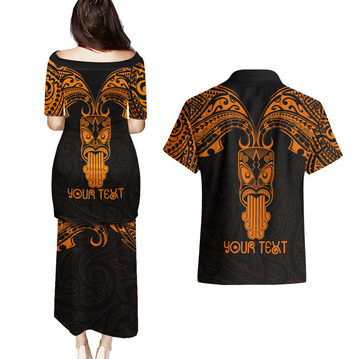 Personalised New Zealand Te Reo Maori Couples Matching Puletasi Dress and Hawaiian Shirt Kia Kaha Maori Language Week Gold Style LT9 - Polynesian Pride