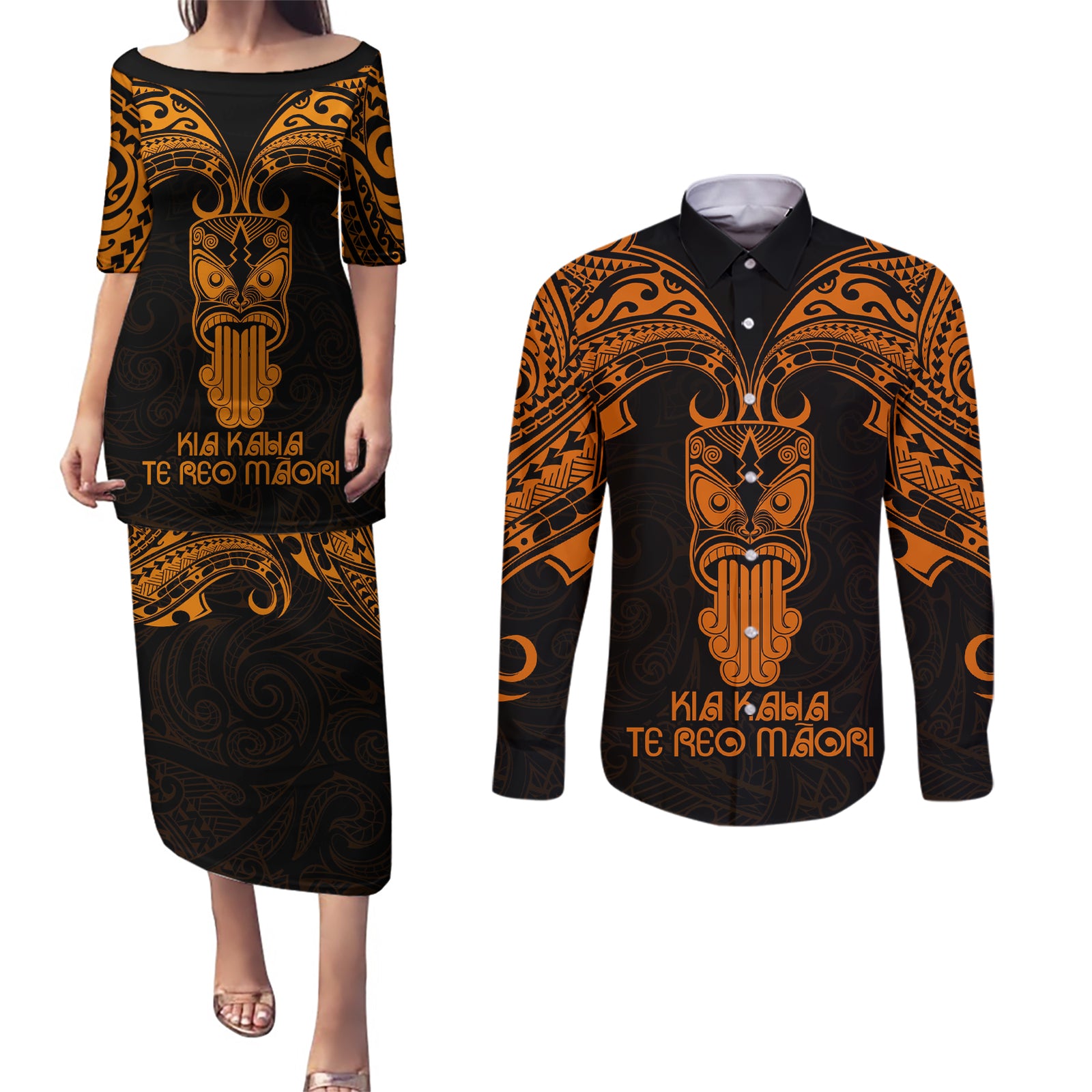 Personalised New Zealand Te Reo Maori Couples Matching Puletasi Dress and Long Sleeve Button Shirts Kia Kaha Maori Language Week Gold Style LT9 Gold - Polynesian Pride