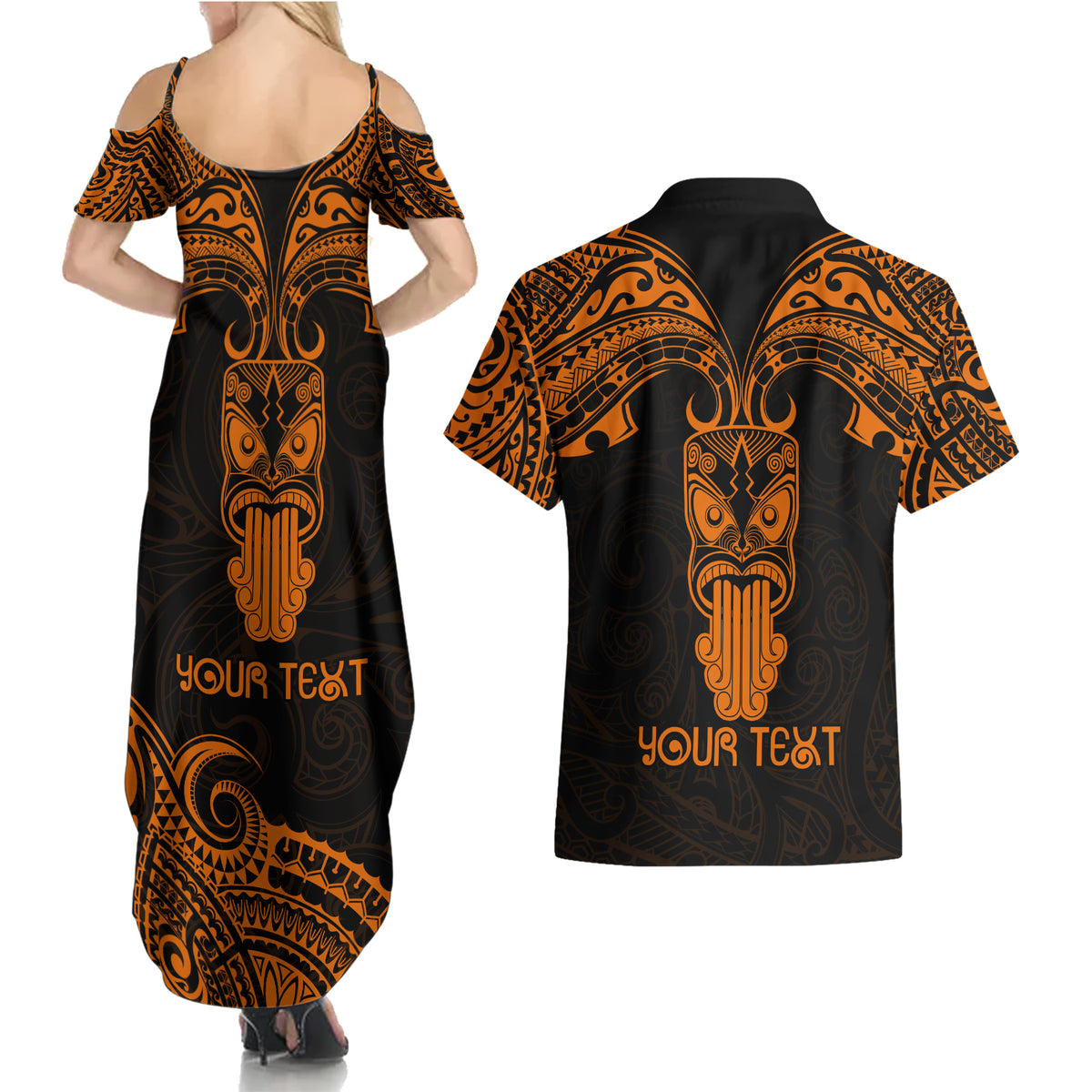 Personalised New Zealand Te Reo Maori Couples Matching Summer Maxi Dress and Hawaiian Shirt Kia Kaha Maori Language Week Gold Style LT9 - Polynesian Pride