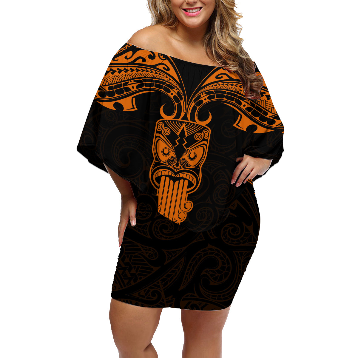 Personalised New Zealand Te Reo Maori Family Matching Off Shoulder Short Dress and Hawaiian Shirt Kia Kaha Maori Language Week Gold Style LT9 Mom's Dress Gold - Polynesian Pride