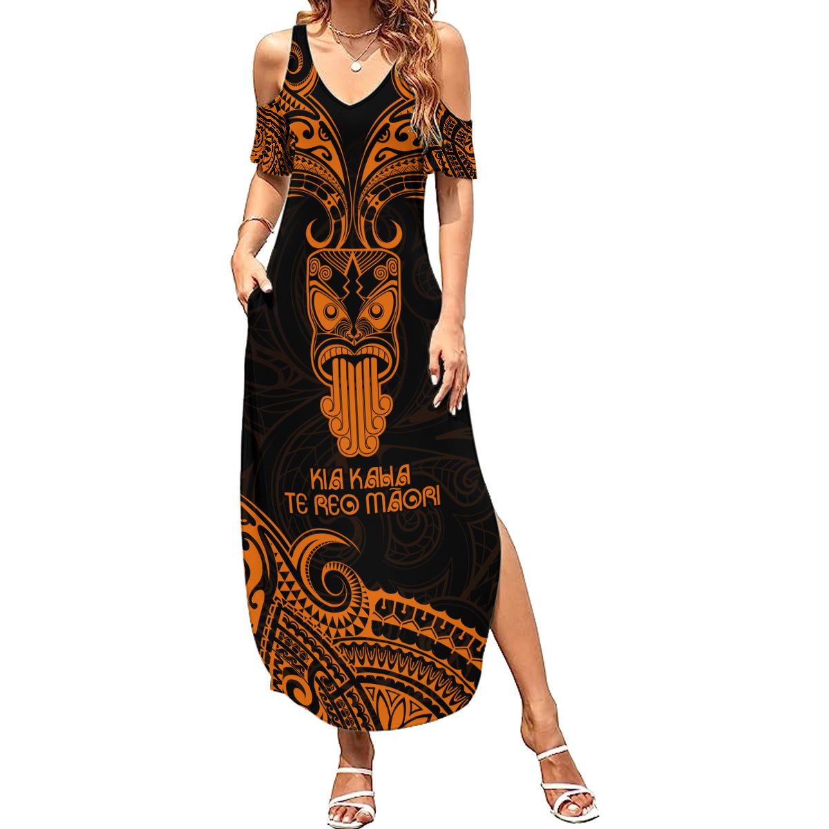 Personalised New Zealand Te Reo Maori Summer Maxi Dress Kia Kaha Maori Language Week Gold Style LT9 Women Gold - Polynesian Pride