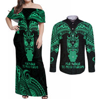 Personalised New Zealand Te Reo Maori Couples Matching Off Shoulder Maxi Dress and Long Sleeve Button Shirts Kia Kaha Maori Language Week Green Style LT9 Green - Polynesian Pride