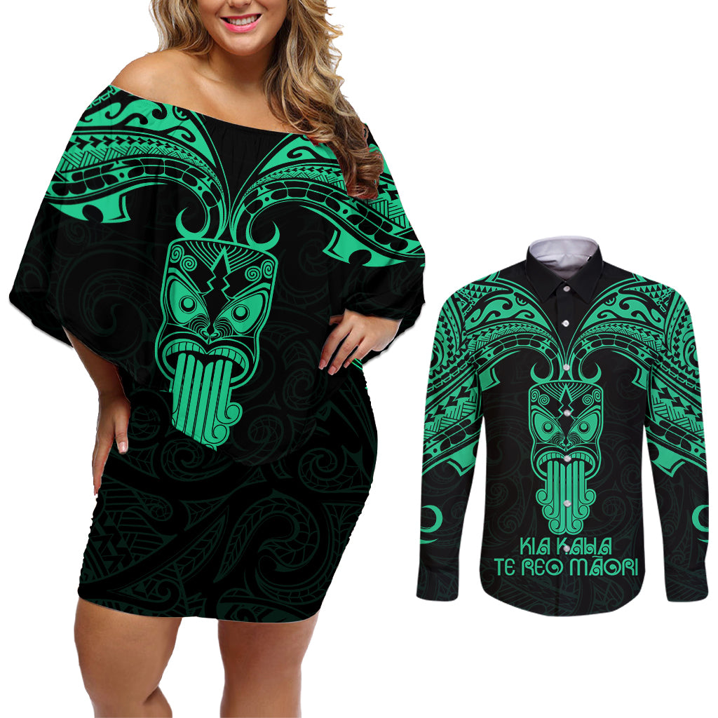 Personalised New Zealand Te Reo Maori Couples Matching Off Shoulder Short Dress and Long Sleeve Button Shirts Kia Kaha Maori Language Week Green Style LT9 Green - Polynesian Pride
