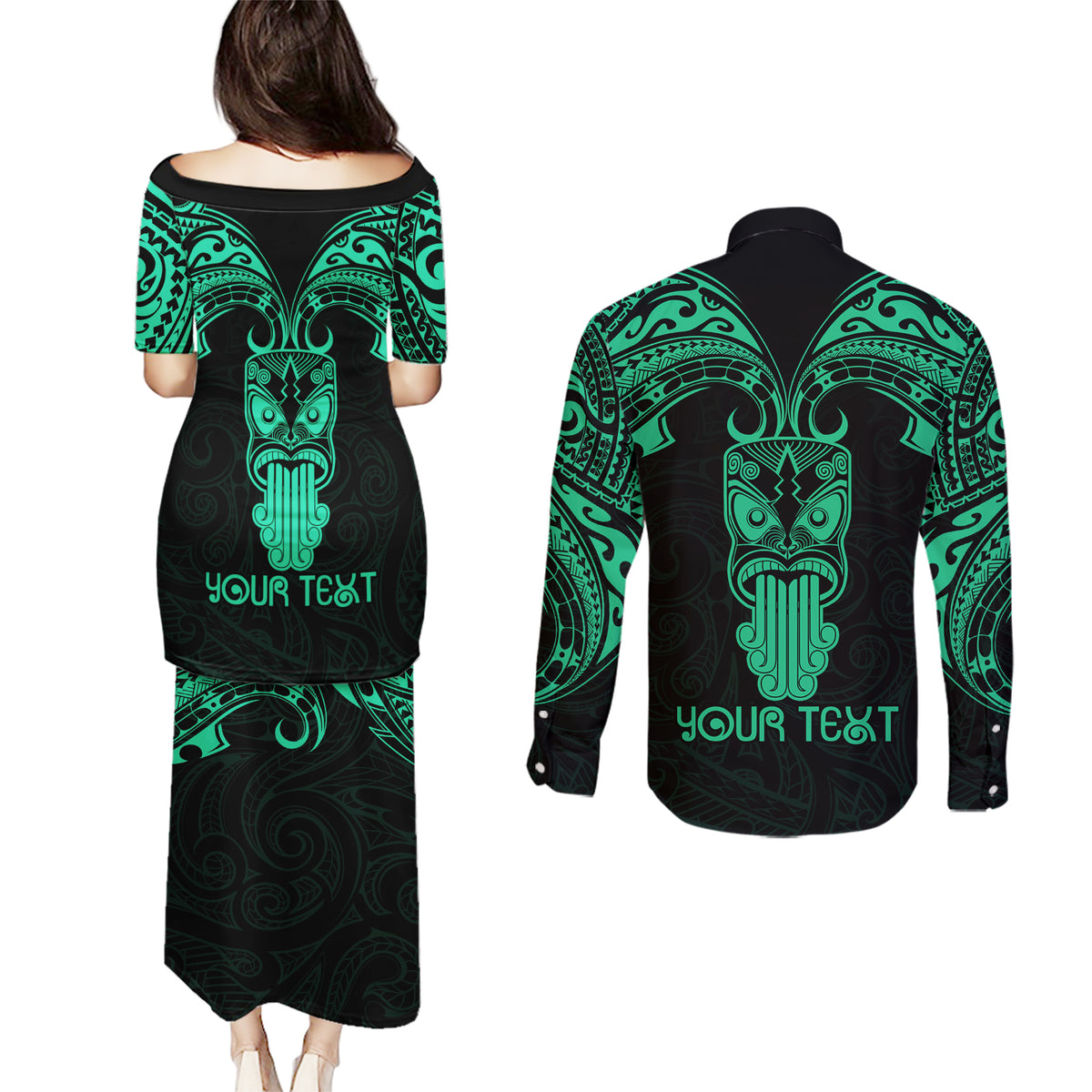 Personalised New Zealand Te Reo Maori Couples Matching Puletasi Dress and Long Sleeve Button Shirts Kia Kaha Maori Language Week Green Style LT9 - Polynesian Pride