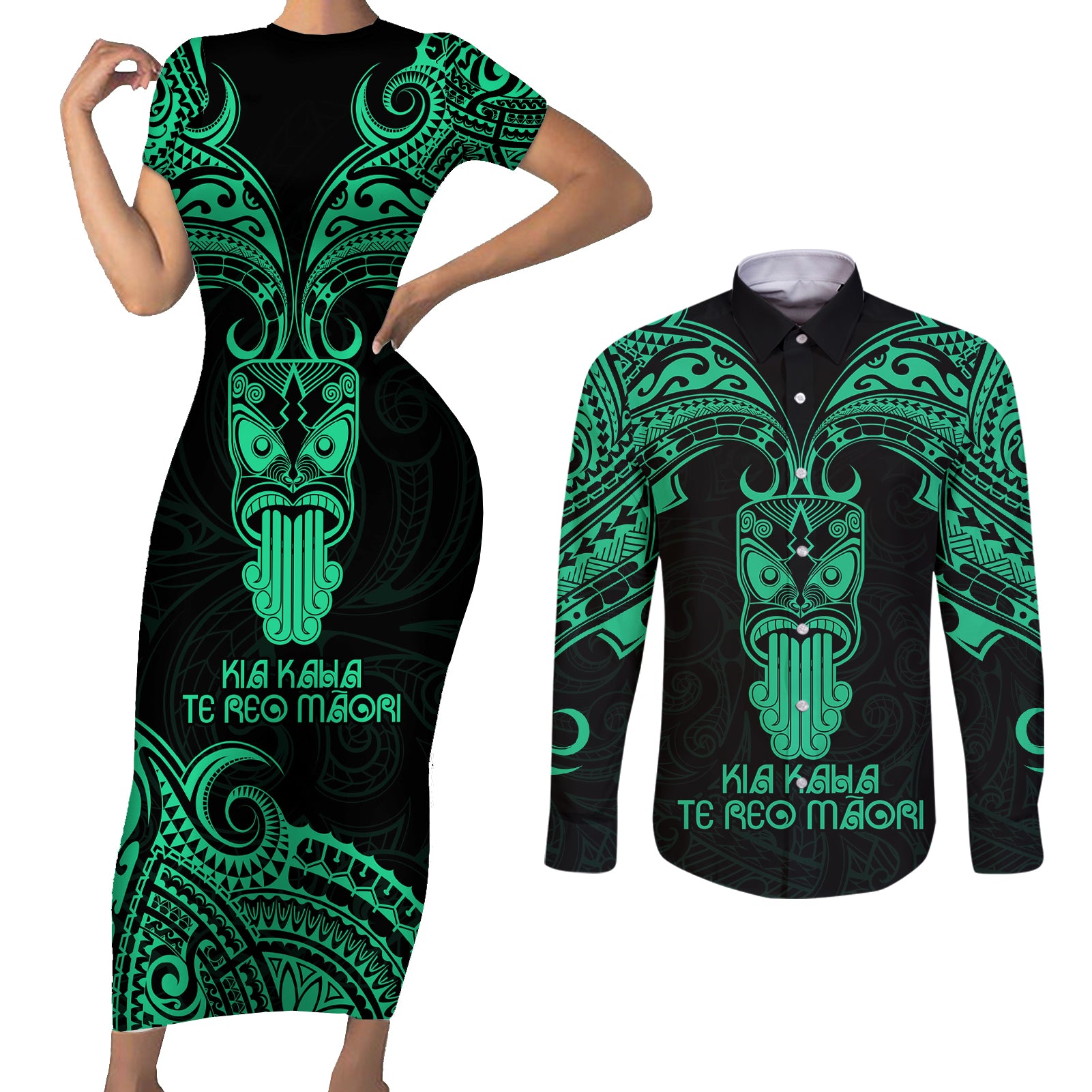 Personalised New Zealand Te Reo Maori Couples Matching Short Sleeve Bodycon Dress and Long Sleeve Button Shirts Kia Kaha Maori Language Week Green Style LT9 Green - Polynesian Pride