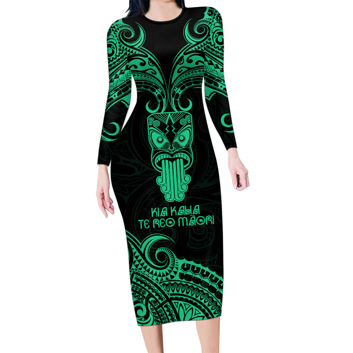 Personalised New Zealand Te Reo Maori Family Matching Long Sleeve Bodycon Dress and Hawaiian Shirt Kia Kaha Maori Language Week Green Style LT9 Mom's Dress Green - Polynesian Pride